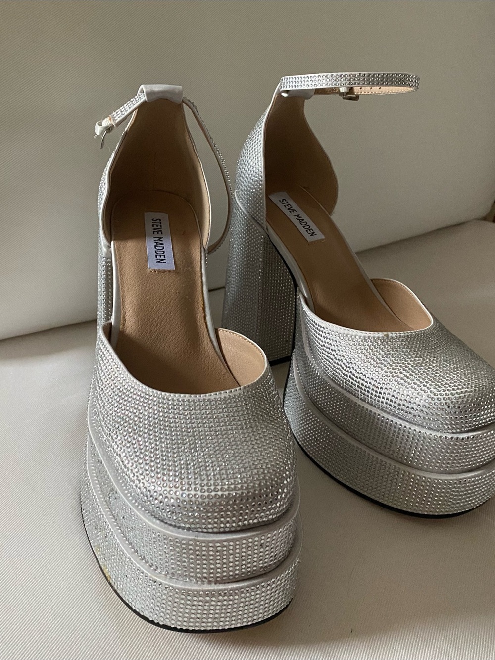 Steve Madden Silver Rhinestone Platform Ankle-Strap Heels